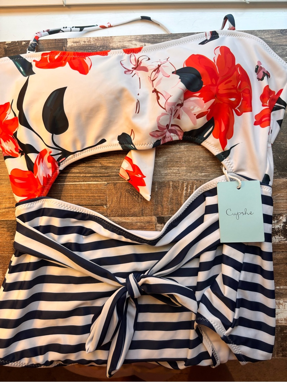 Cupshe Coral Floral and Navy Striped One-Piece Swimsuit